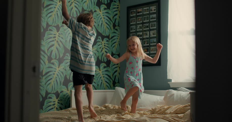 Kids Jumping On The Bed Stock Video Footage | Filmsupply