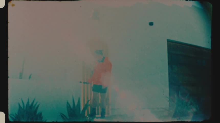 A person walking out the door of a house caught on vintage film