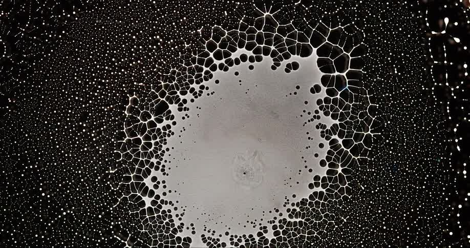 Extreme closeup on a white leaf bursting and generating abstract patterns against a black background