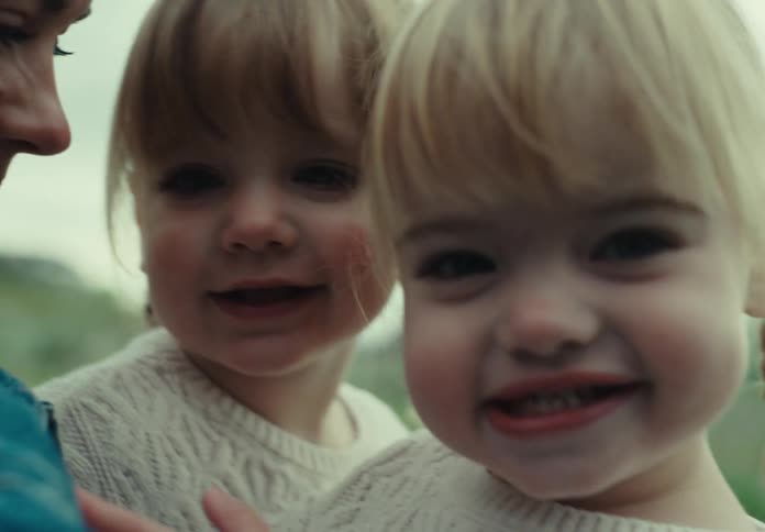 Portrait of two twin children smiling slightly next to their mother