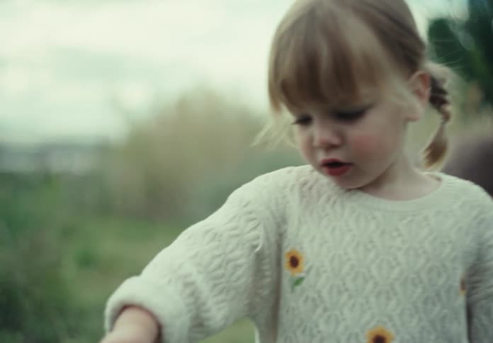 A child is walking around in the grass