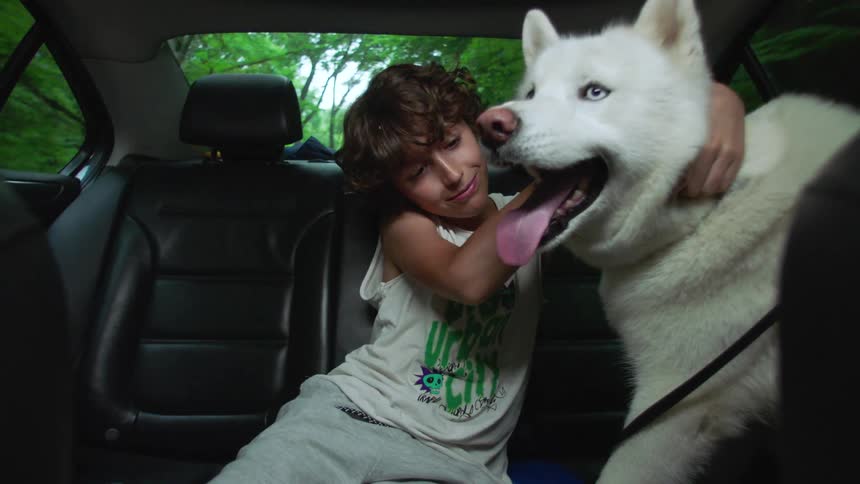 A boy sitting in a moving car hugging and petting a white husky dog