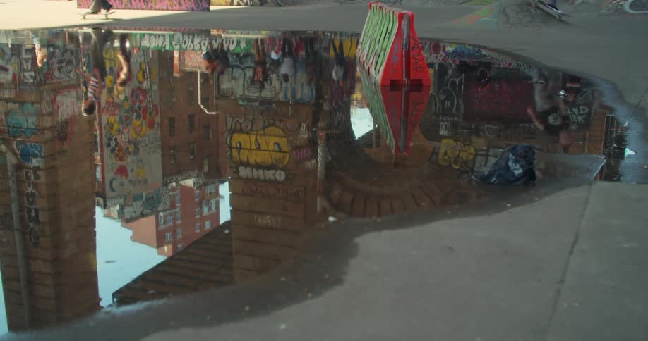 A puddle reflects several people skateboarding in the city