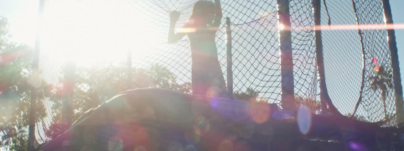 A dog watches as a child jumps on the trampoline