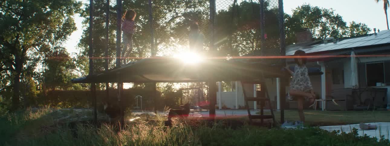 Children jump together on the trampoline as dogs run below