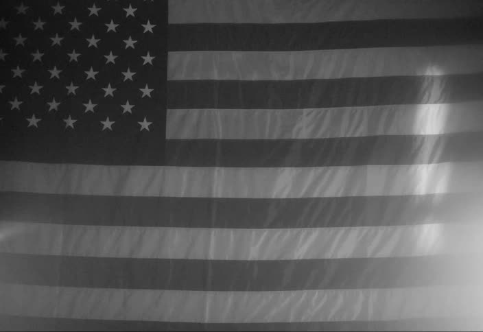 The shadow of a woman made by a flashing light appearing on an american flag