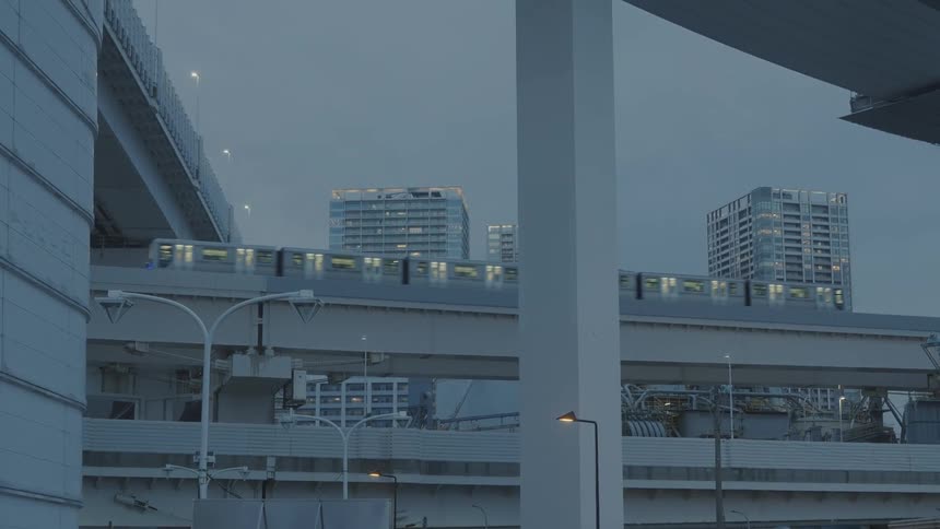 A public train moves through the city on an elevated track