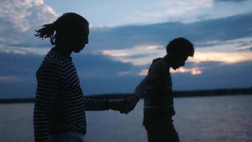 Silhouette of two men walking hand in hand by a lake