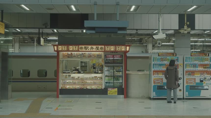 Train stopped in a subway station next to soda machines with a woman watching
