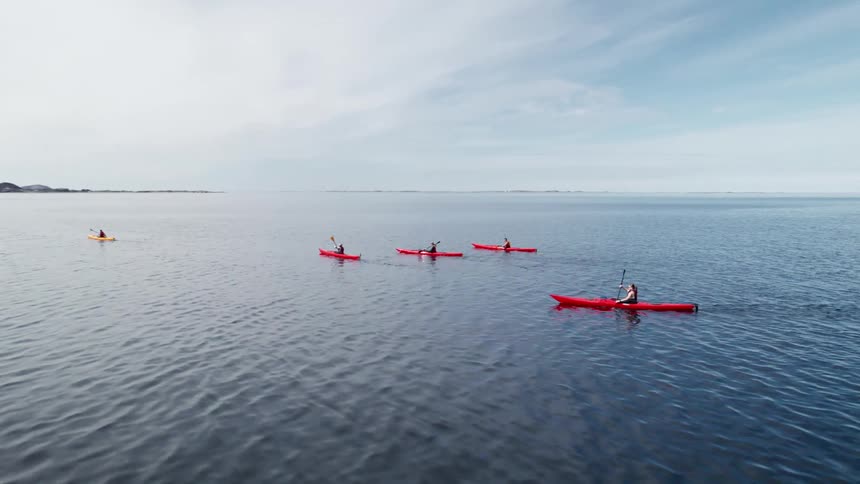 A group of kayakers paddling on a calm body of water with a clear sky above