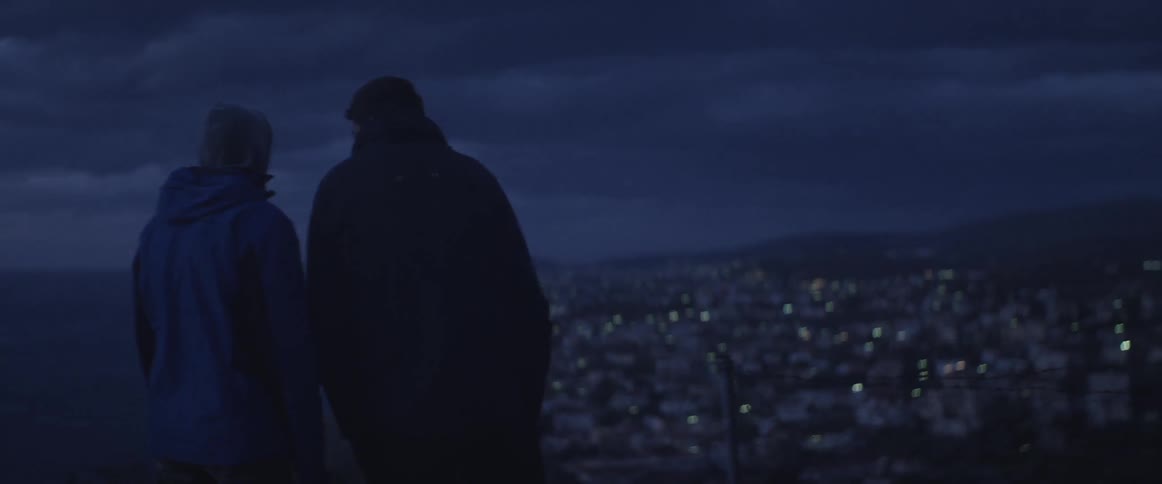 Two people stand on a hill overlooking a town at night
