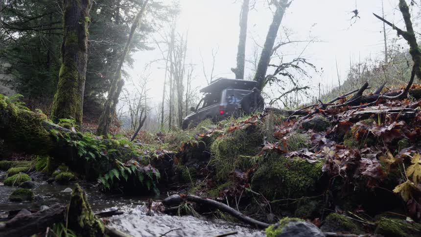 A Land Cruiser with a roof-top tent drives by a running stream in a forest