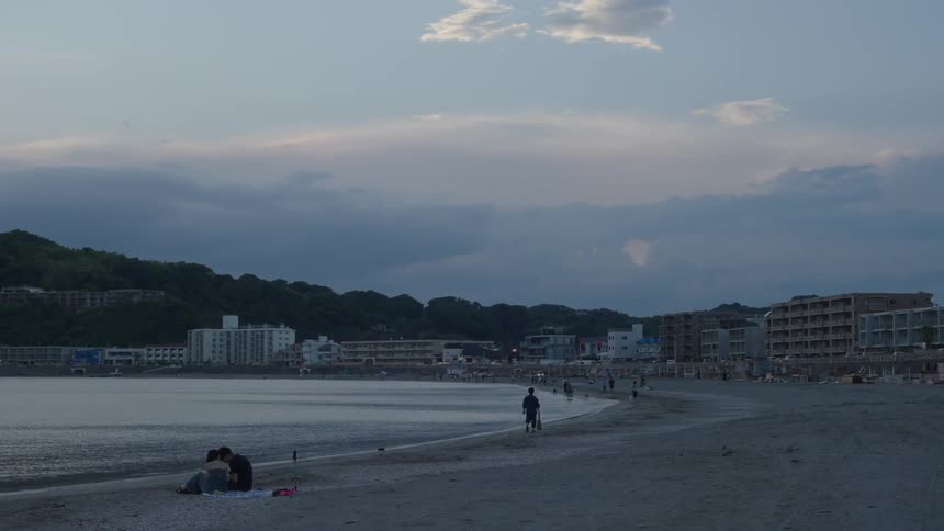 Landscape with bathers walking on the beach sand surrounded by vegetation and buildings
