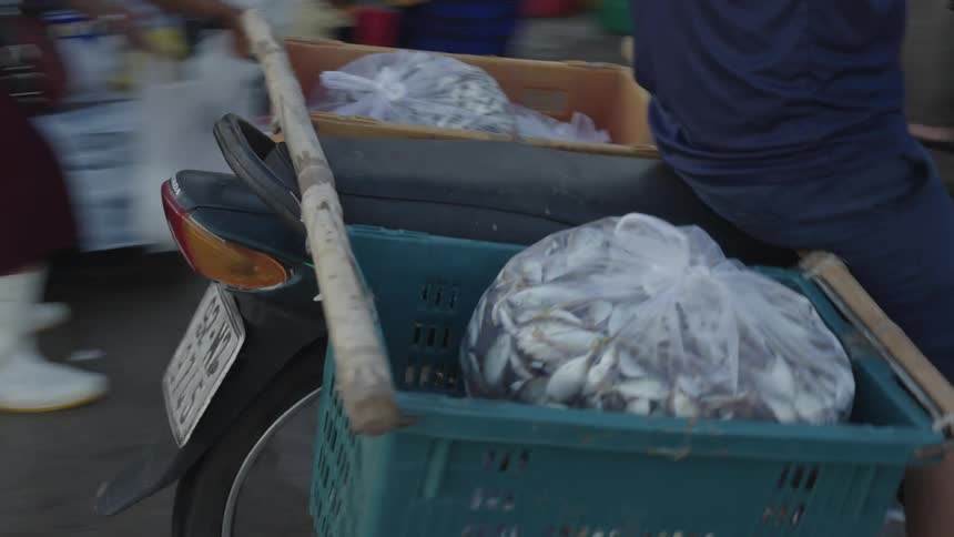 Man passing by on motorcycle carrying bags of small fresh fish