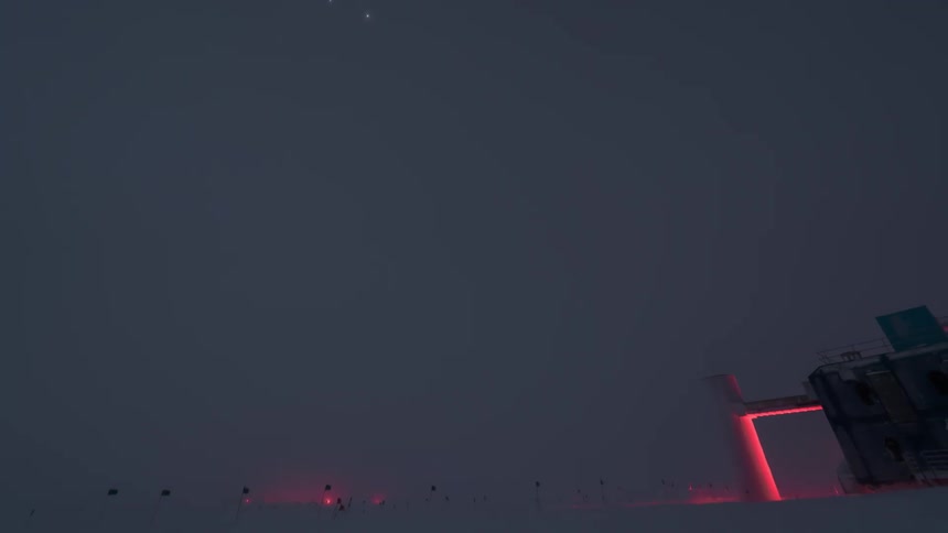 A region with snow and a building and there are several clouds passing in the dark sky with some stars