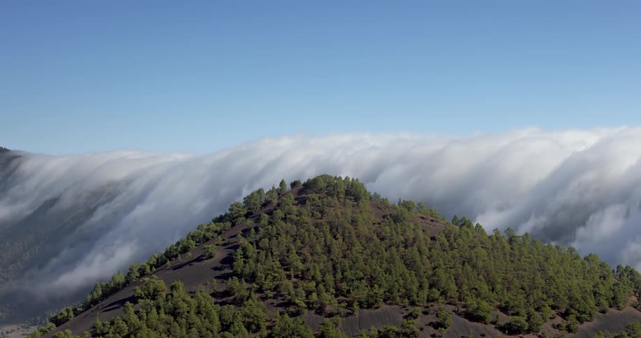 Natural landscape where low clouds flow over a green hill