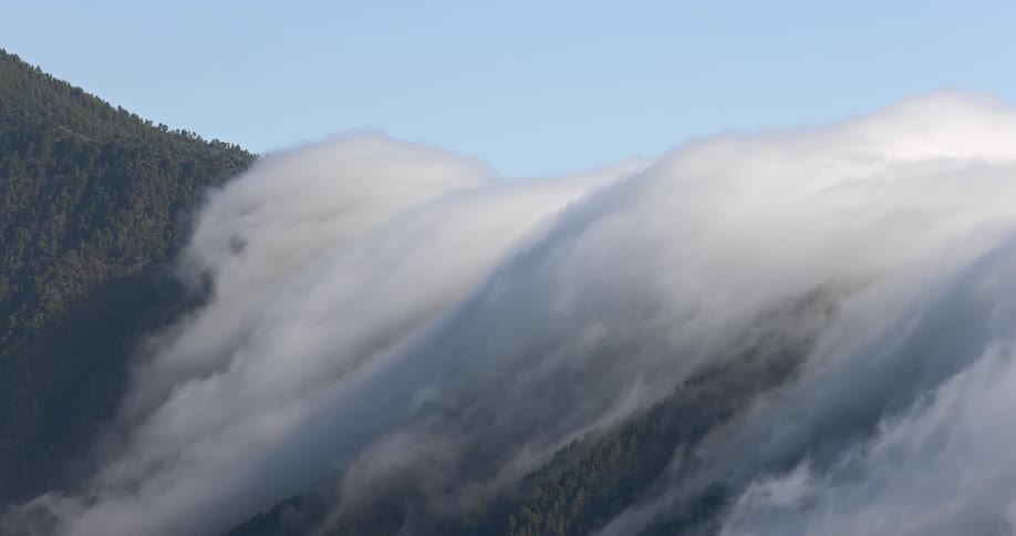 Cloud cover rolling over a mountain ridge and forest trees under a blue sky