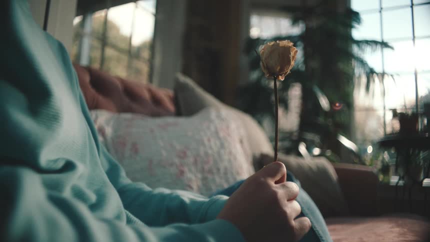 A person sitting on a couch at home near large windows cradling a dried rose in they hands