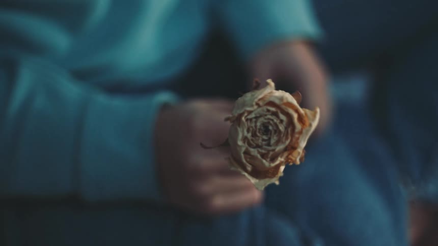 A woman sits and turns a withered flower around in her hands
