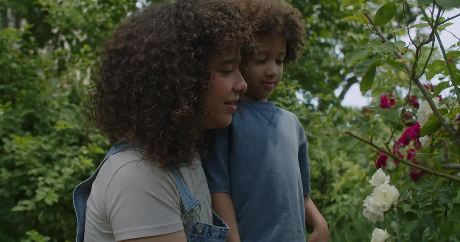 Woman and a boy looking at flowers in a garden