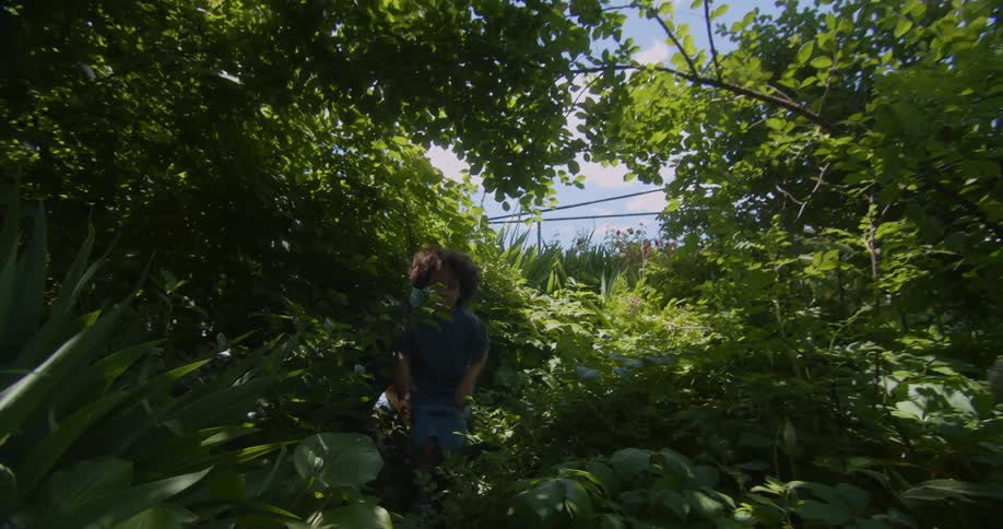 A child running through the lush overgrown vegetation in the backyard