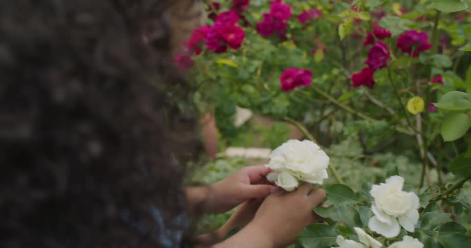 Mother next to a little boy smelling flowers in a garden