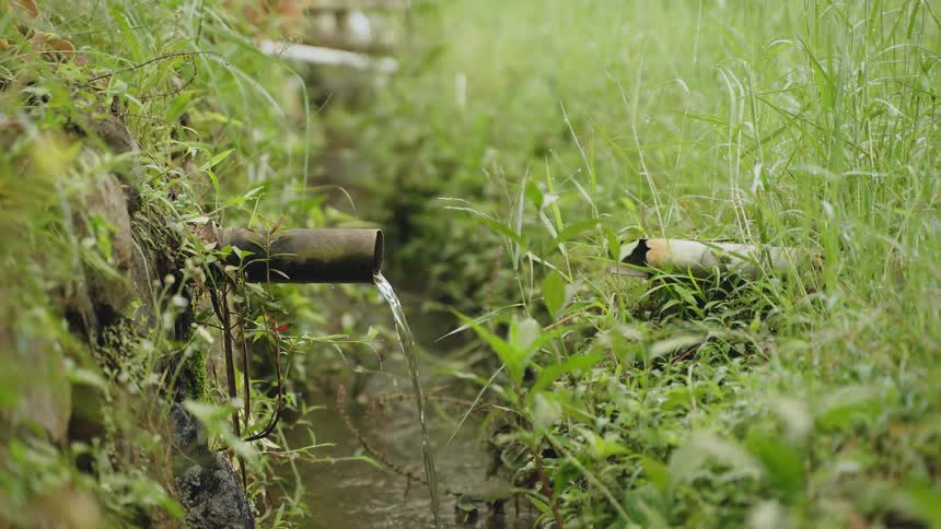 Water falls from a broken pipe into a small stream