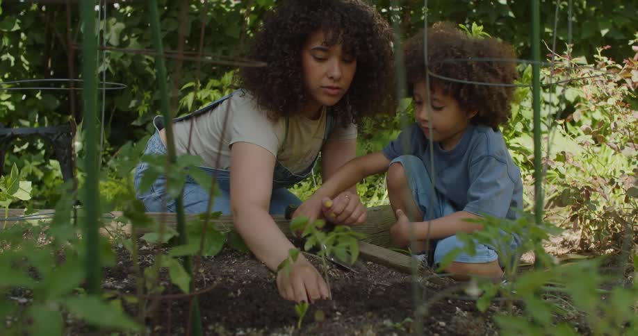 Mother and children squatting in a flowerbed with soil in a backyard planting crops