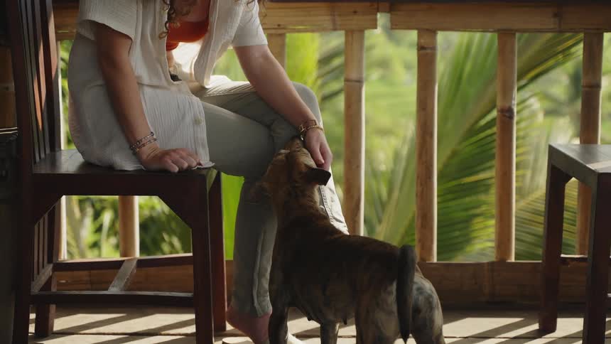 A woman is petting a dog on an outdoor deck
