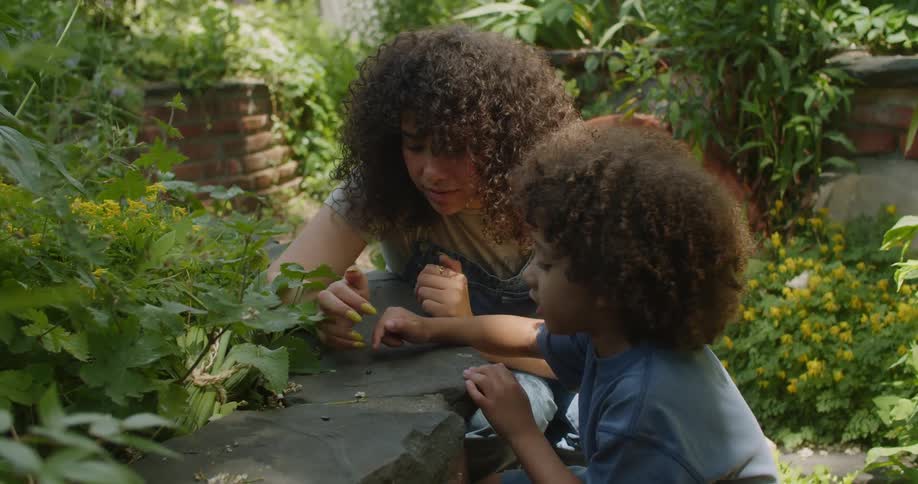 Mother and son in a garden watching bugs walk around