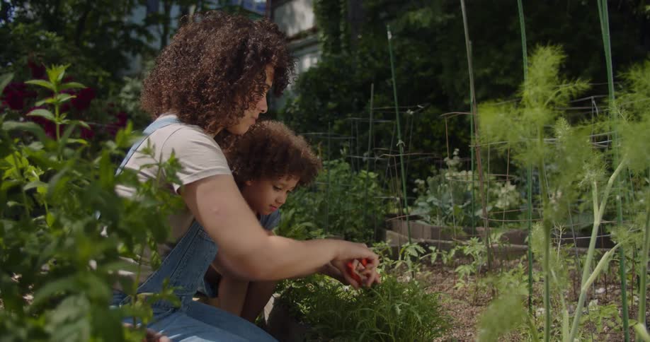 Curly-haired mother and child engaged in gardening activities