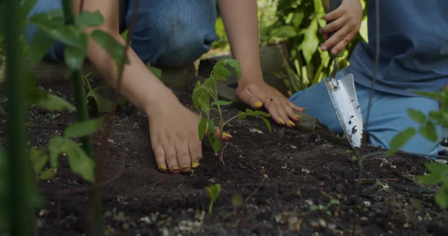 A mother and her son engage in gardening outdoors