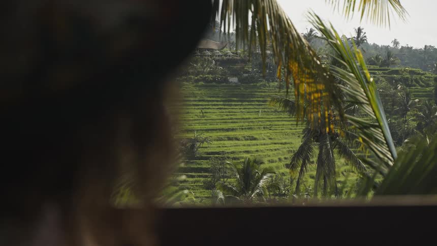 A head of a person observing the lush and tropical surroundings of Bali