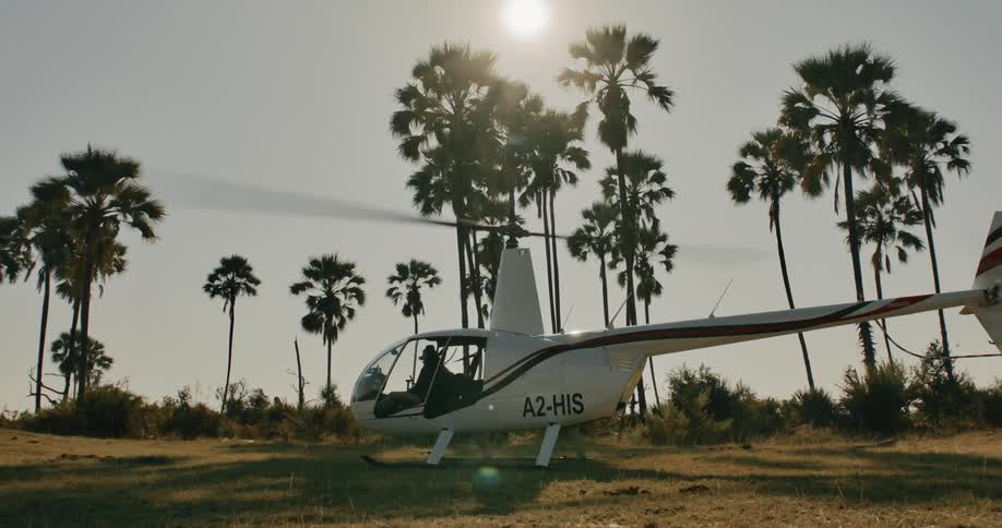 A helicopter with the registration number a2his is parked on the grass its rotor blades spinning surrounded by palm trees under a clear sky