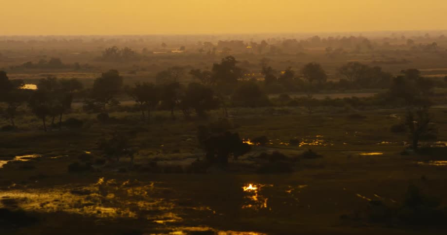 The sun reflects on bodies of water sitting on a vast savanna