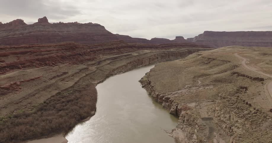 Aerial landscape of a river surrounded by canyons