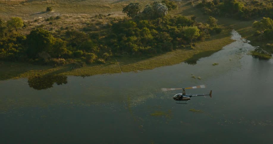 Aerial panorama of a helicopter flying above the Okavango Delta