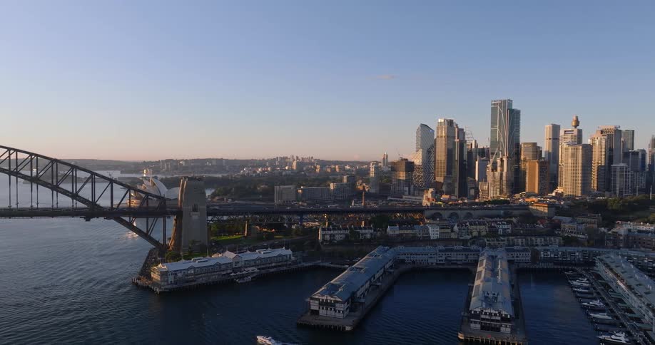 Aerial view of the piers and skyline of sydney at sunrise
