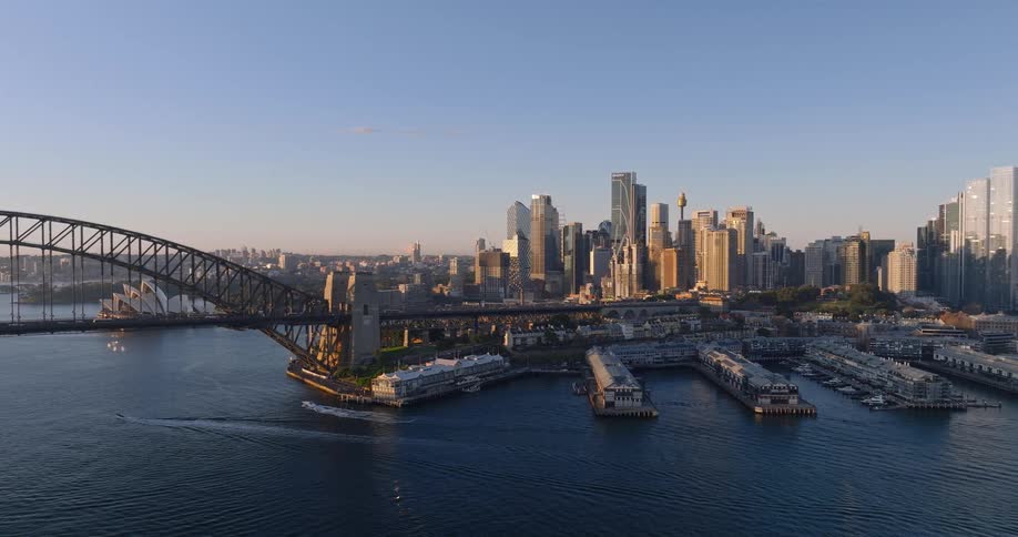Aerial panorama of a metropolis with large buildings and the seafront