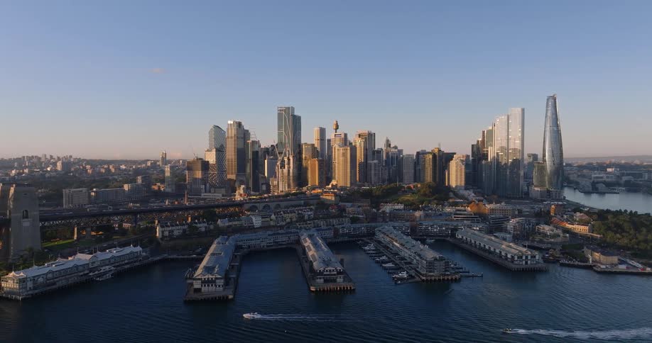 Panorama of a metropolis with large buildings and the seafront