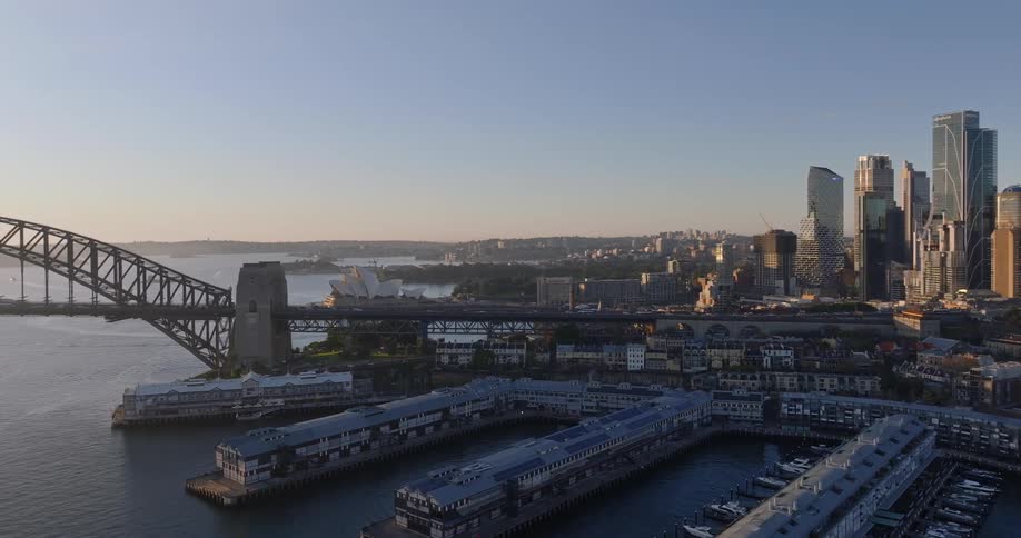 Aerial view of the piers in the sydney harbor at sunrise