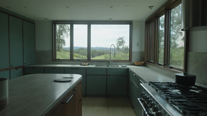 Modern interior design of a mirrored kitchen overlooking a natural landscape with trees