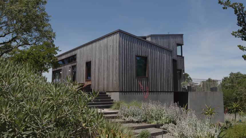 A modern house with a dark gray corrugated metal exterior large windows and a flat roof surrounded by lush vegetation