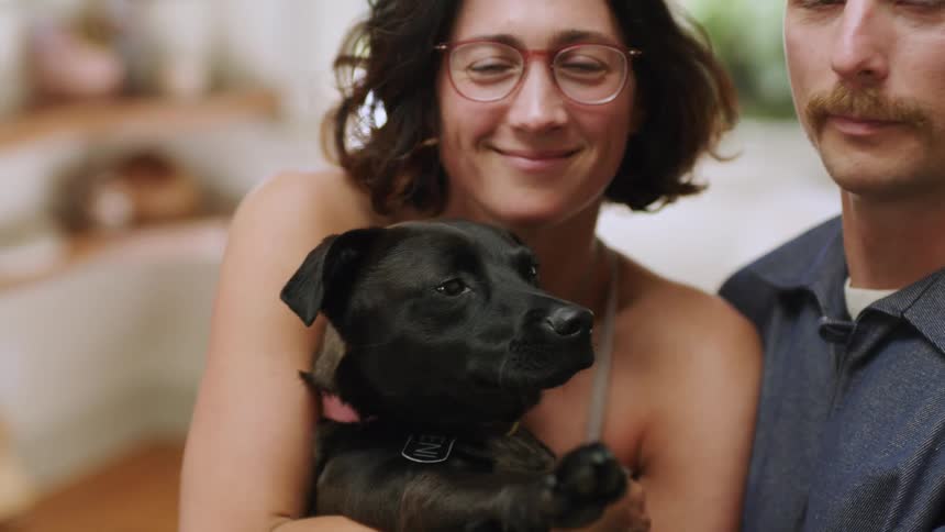 Man kisses black labrador puppy while a woman holds it in her lap