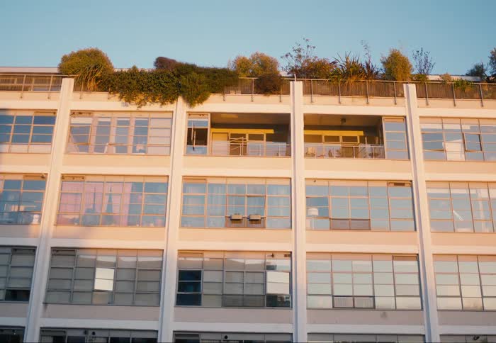 Facade of a building with patterned windows and the reflection of late afternoon sunlight