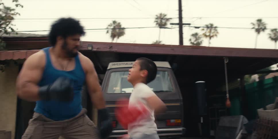 Boy boxing seriously against a man in the backyard