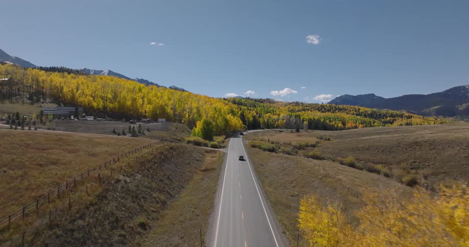 Aerial view of a car driving on a road stretching through a valley with yellow leaved trees