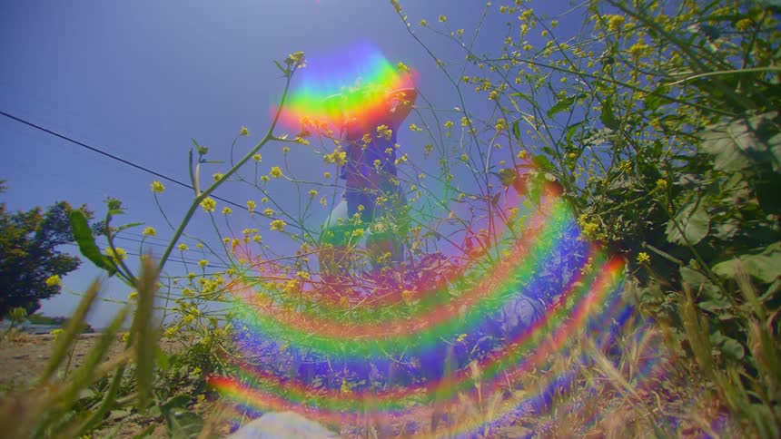 A woman dances on a patch of wildflowers under a clear blue sky on a sunny day with iridescent colorful reflections