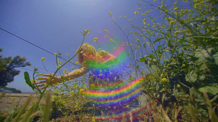 Blonde woman brushing yellow flowers in a field