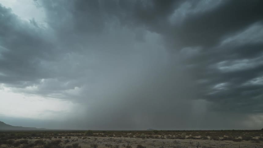 Long strikes of lightning emerge from the top of a tall gray cloud over a sparse field